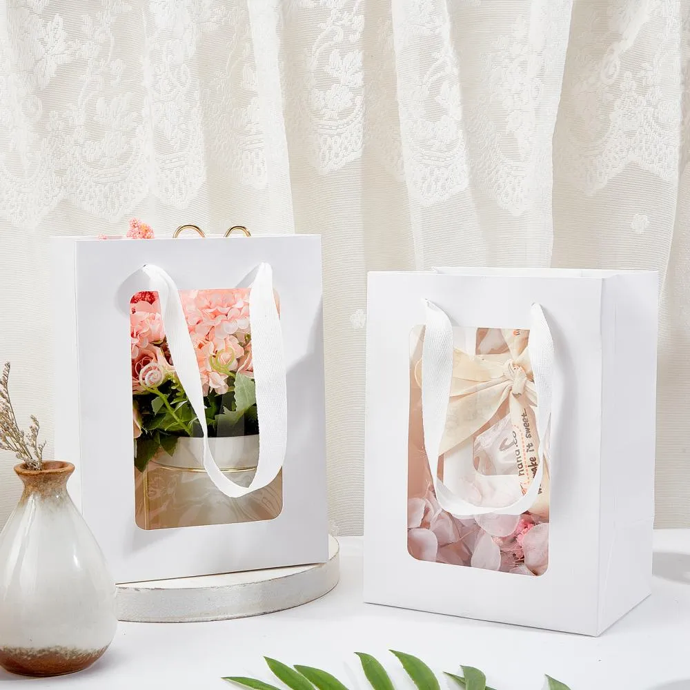 10 pc Kraft Paper Bags with Handle, with Cord Handles and Rectangle Window, for Retail Shopping Bag, Merchandise Bag, Gift and Party Bag, Rectangle, White, 20x15x0.4cm, Unfold: 20x15x10cm, Window: 14x9cm