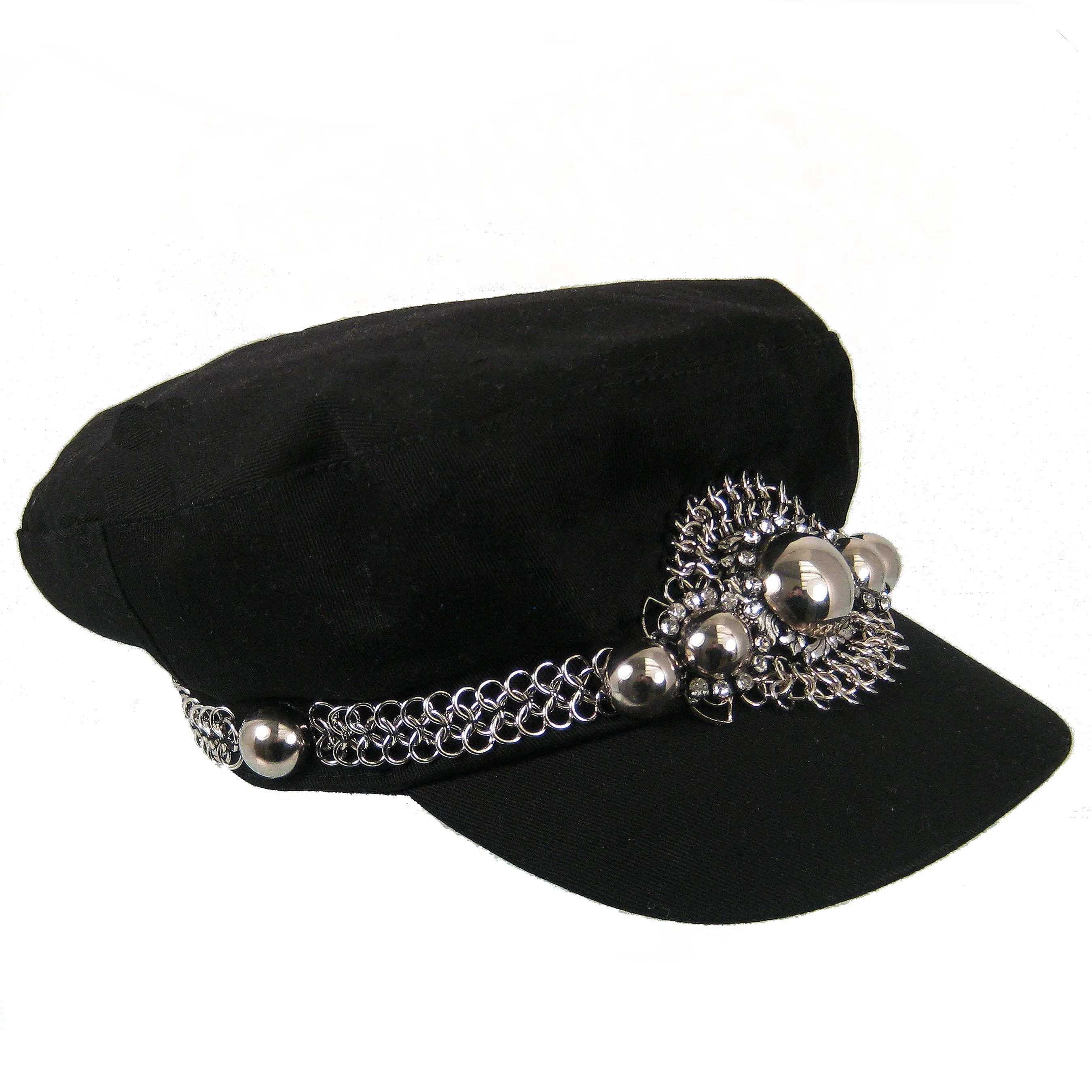 #1004h Black Newsboy Cap With Silver Tone Chain & Button Embellishment