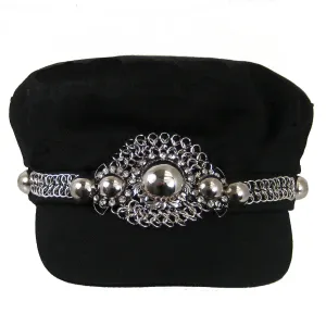 #1004h Black Newsboy Cap With Silver Tone Chain & Button Embellishment