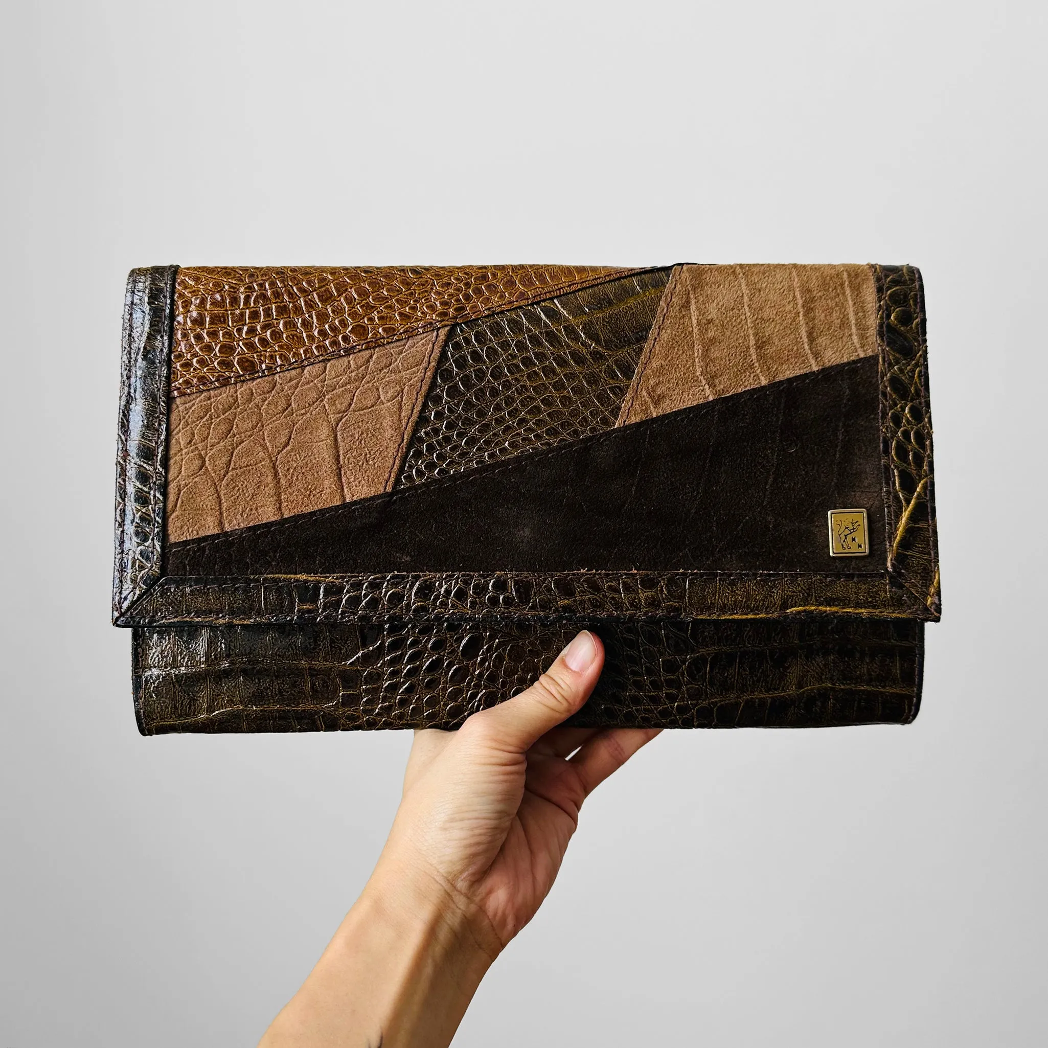 1970s -1980s Brown Leather and Suede Patchwork Clutch Purse