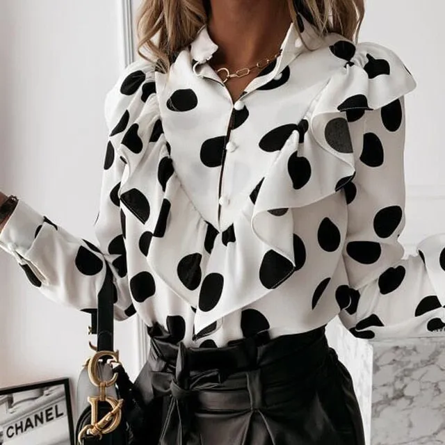 2021 Casual Button-Up Ladies Office Top Long Sleeve Ruffle Blouse Size M