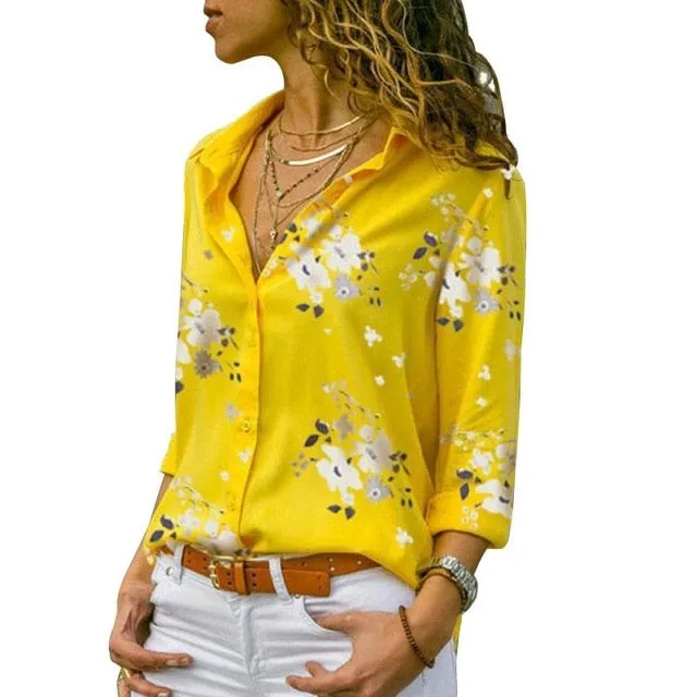 2021 Long Sleeve Women Blouses Turn-down Collar Work Wear Chiffon Shirts S-5XL