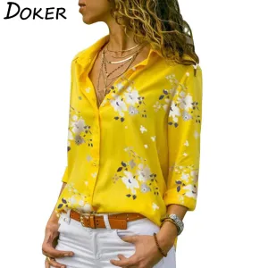 2021 Long Sleeve Women Blouses Turn-down Collar Work Wear Chiffon Shirts S-5XL