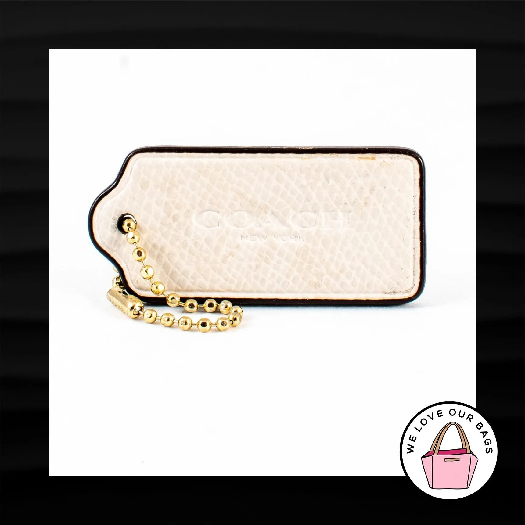 2.25" COACH NEW YORK IVORY PEBBLED LEATHER BRASS KEYFOB BAG CHARM KEYCHAIN TAG