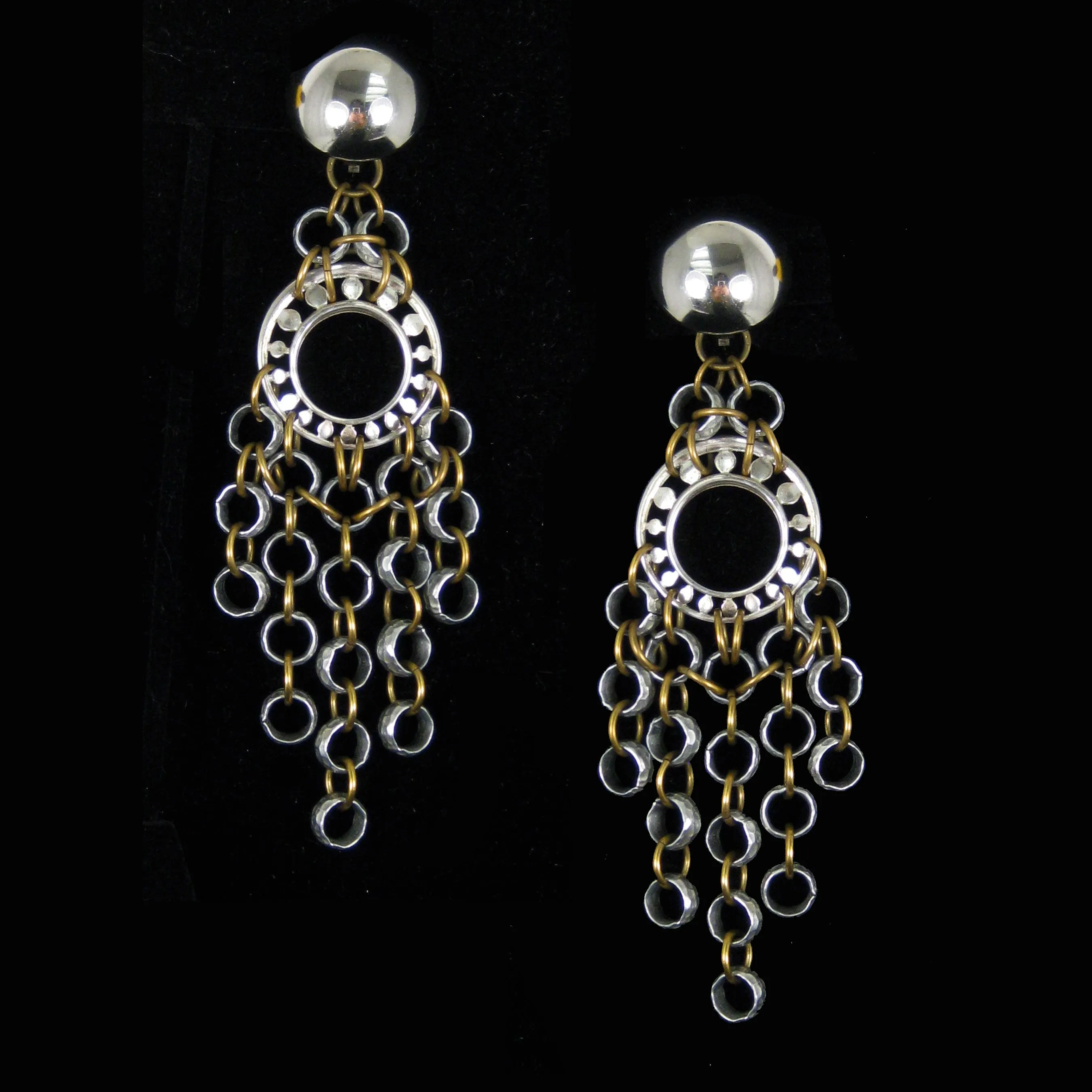 #806e Silver & Gold Tone Chainmail Long Fringed Earrings