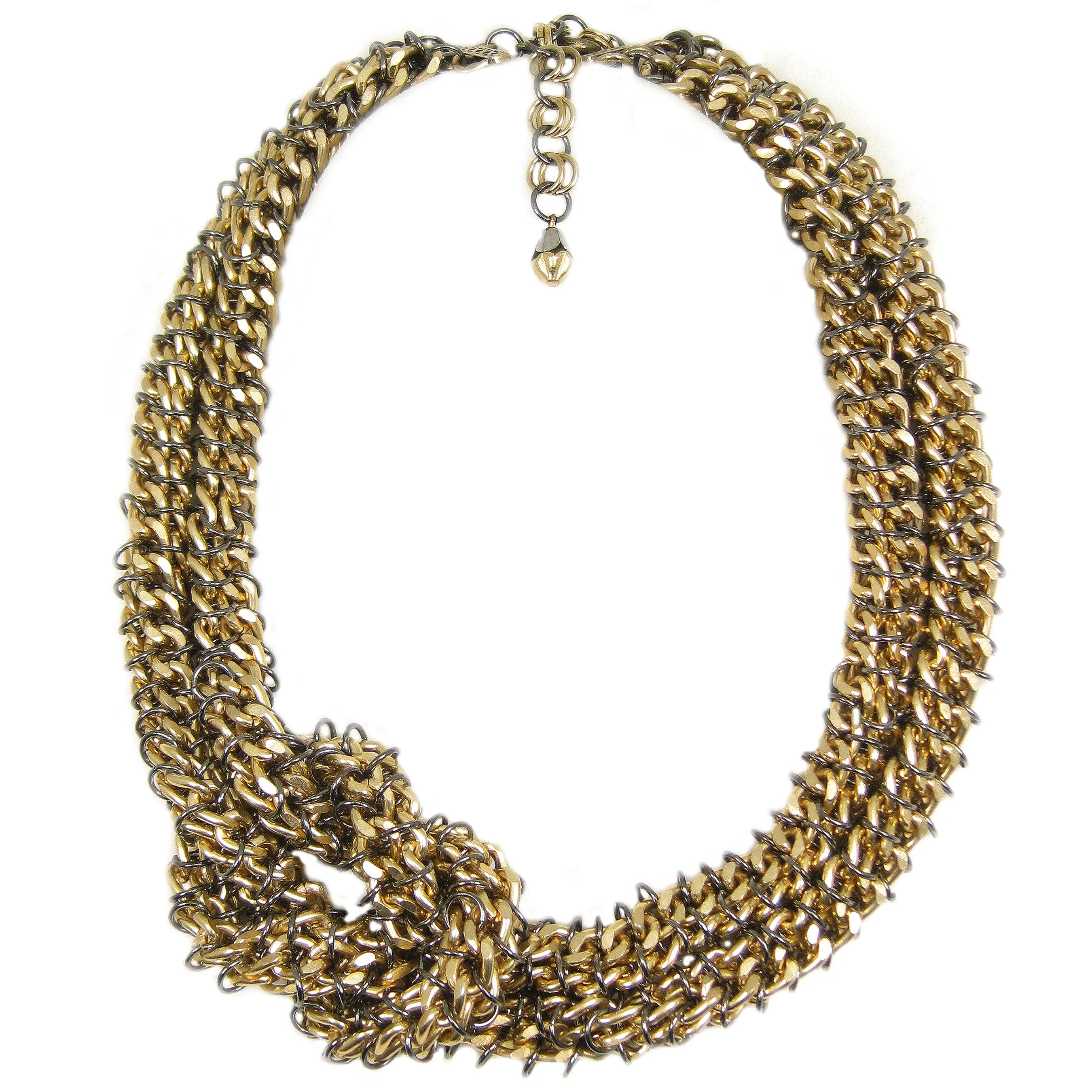 #813n Gold Tone Knotted Chain Mail Rope Necklace