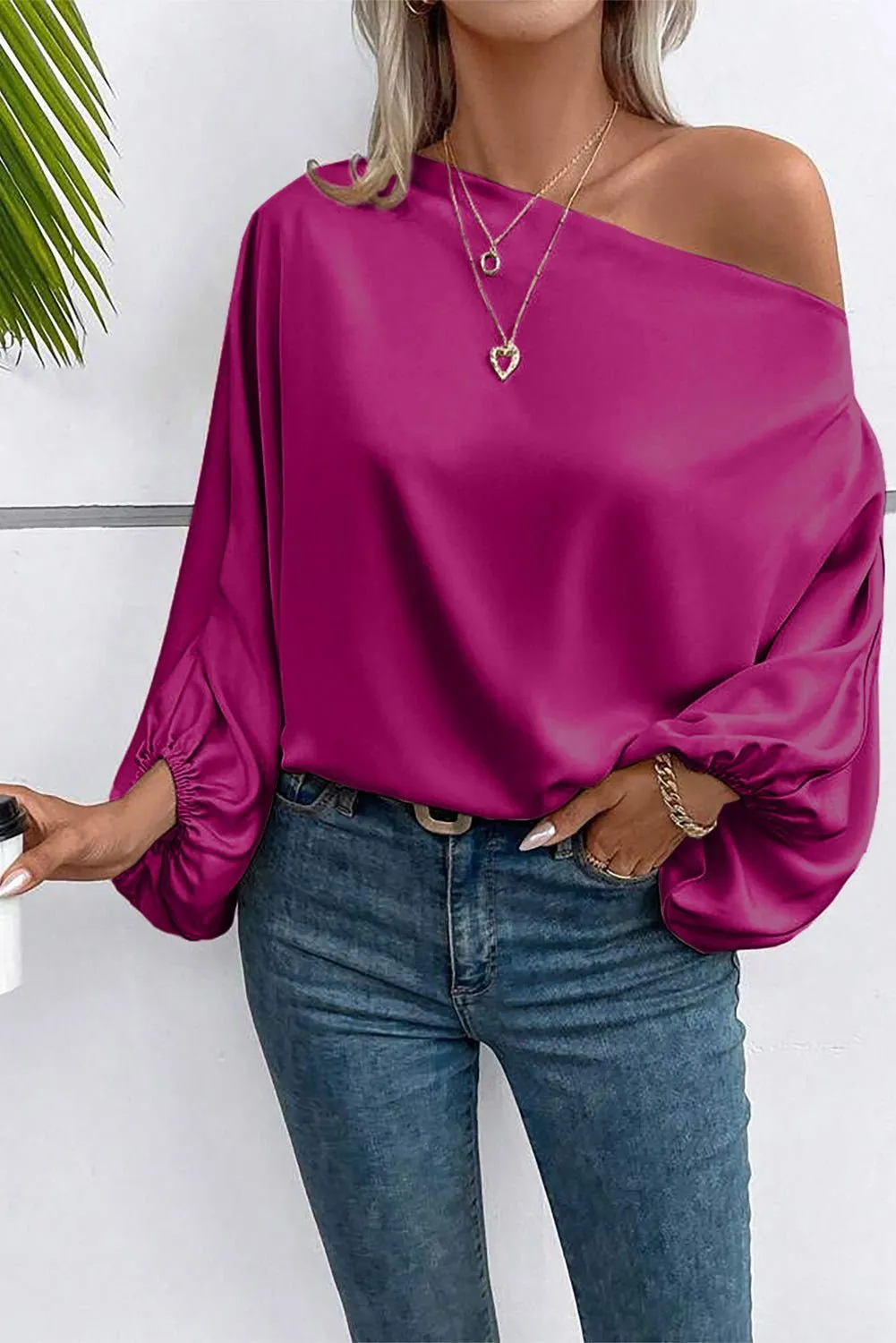 Apricot Solid Color Asymmetrical Neck Lantern Sleeve Blouse