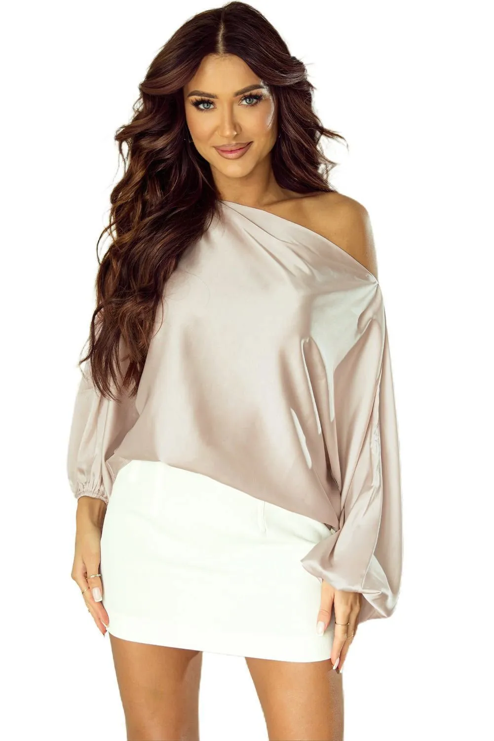 Apricot Solid Color Asymmetrical Neck Lantern Sleeve Blouse