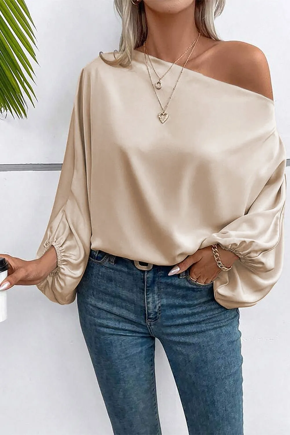 Apricot Solid Color Asymmetrical Neck Lantern Sleeve Blouse