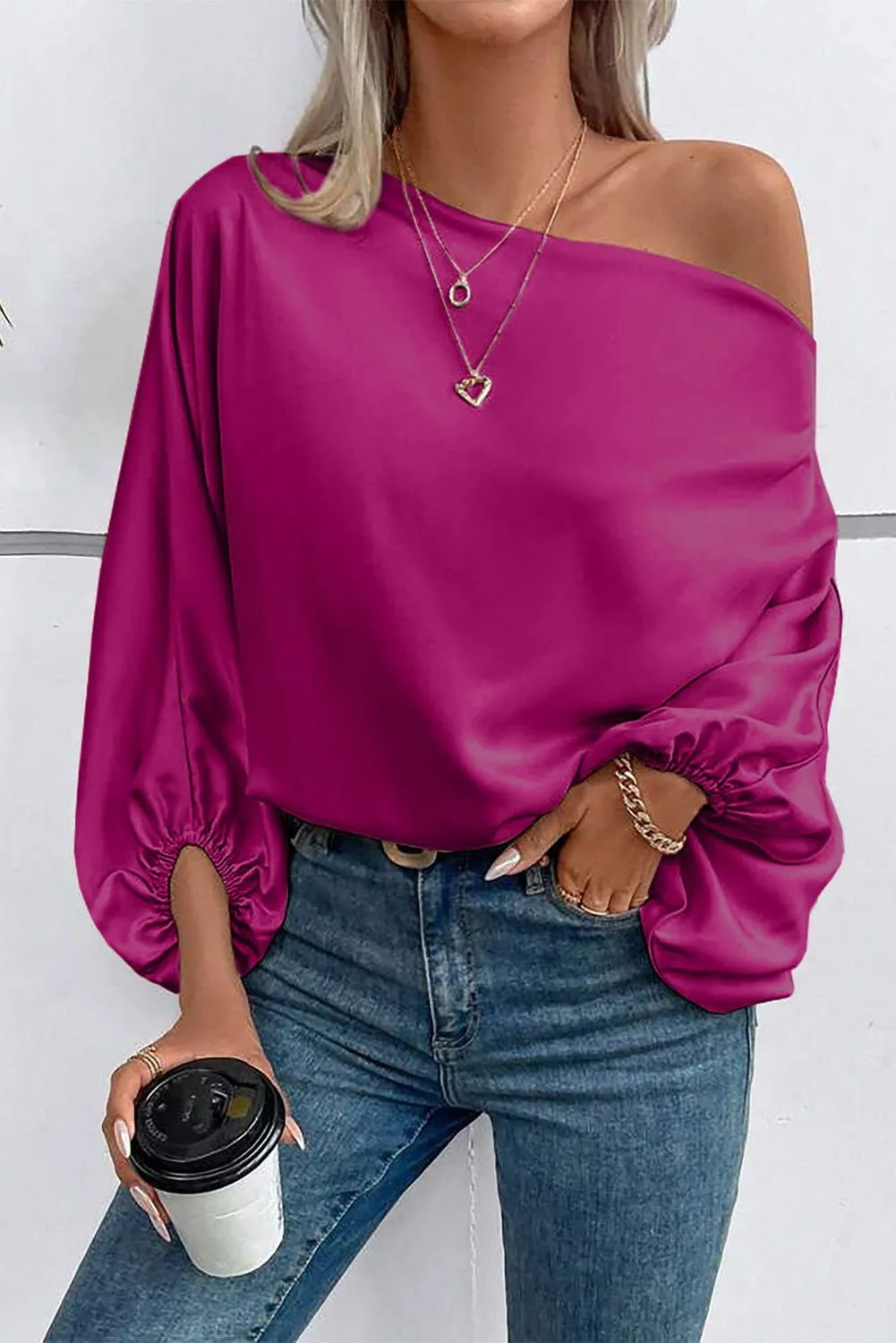 Apricot Solid Color Asymmetrical Neck Lantern Sleeve Blouse