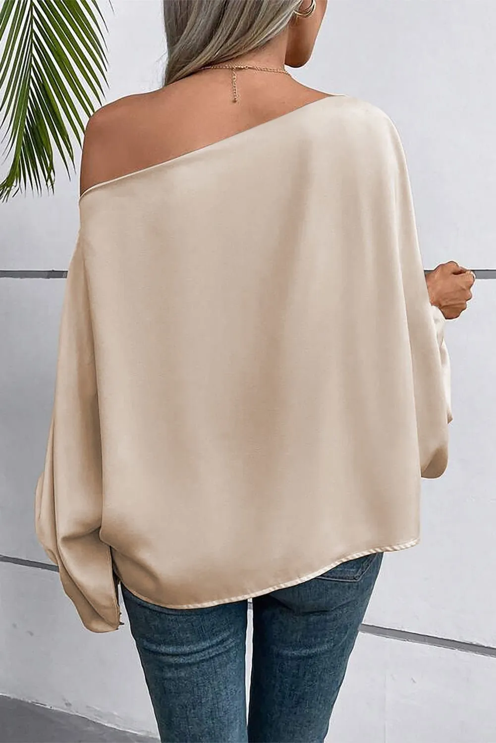 Apricot Solid Color Asymmetrical Neck Lantern Sleeve Blouse