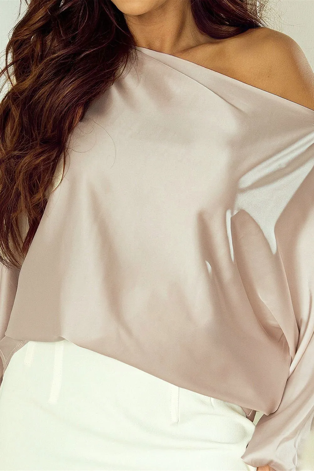 Apricot Solid Color Asymmetrical Neck Lantern Sleeve Blouse