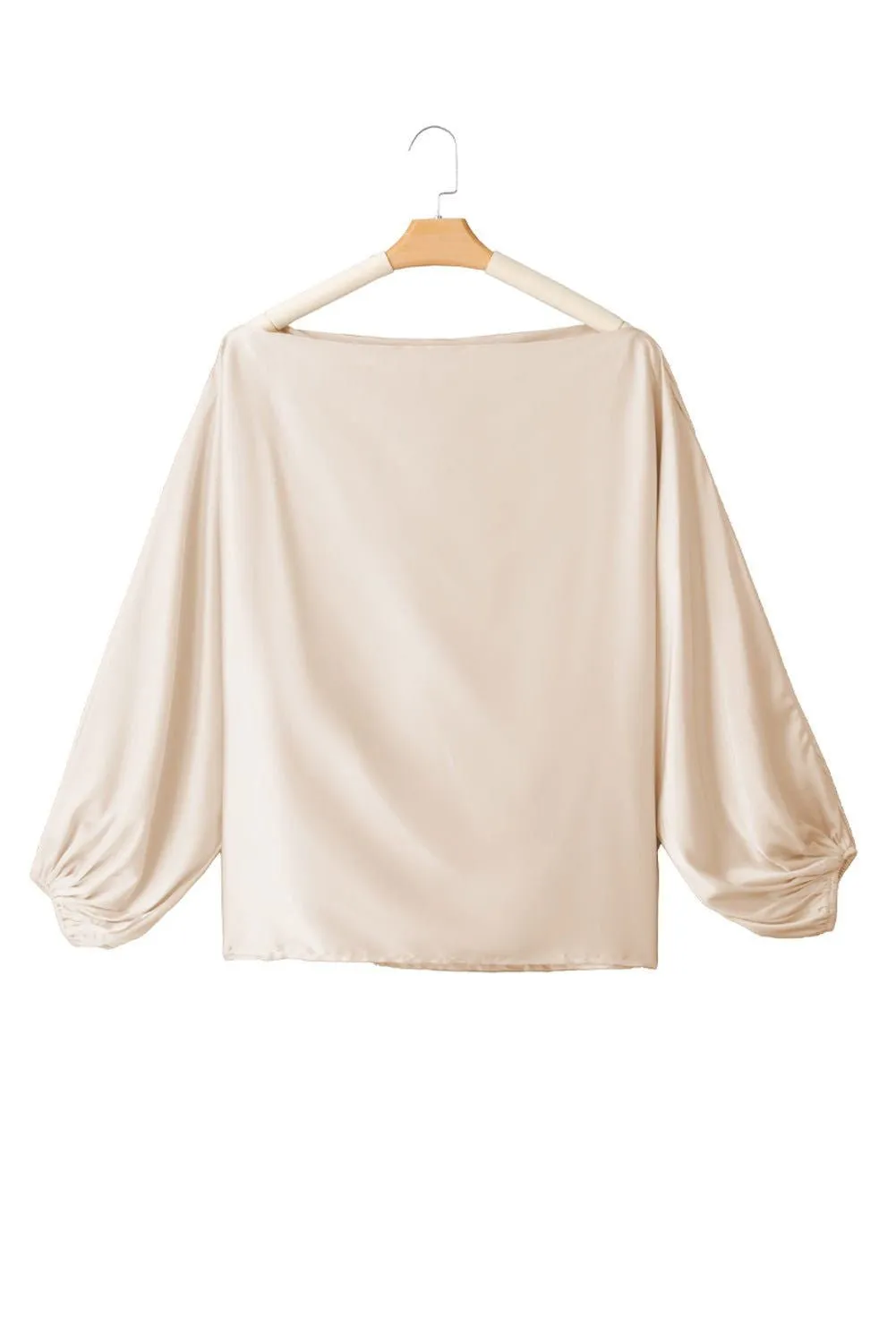 Apricot Solid Color Asymmetrical Neck Lantern Sleeve Blouse