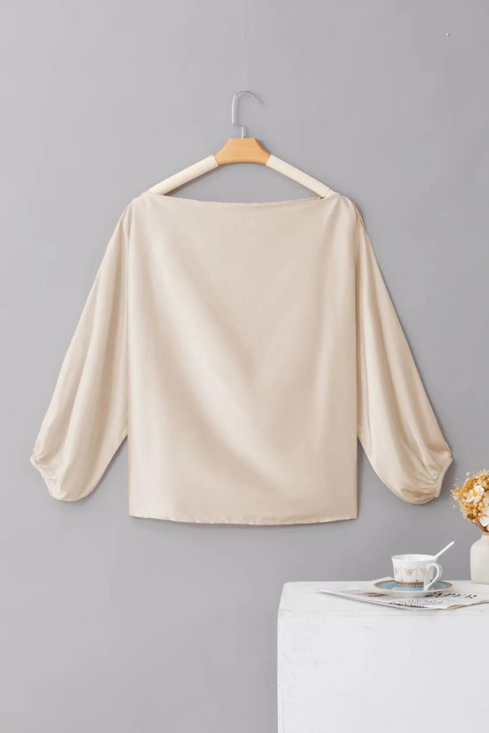 Apricot Solid Color Asymmetrical Neck Lantern Sleeve Blouse