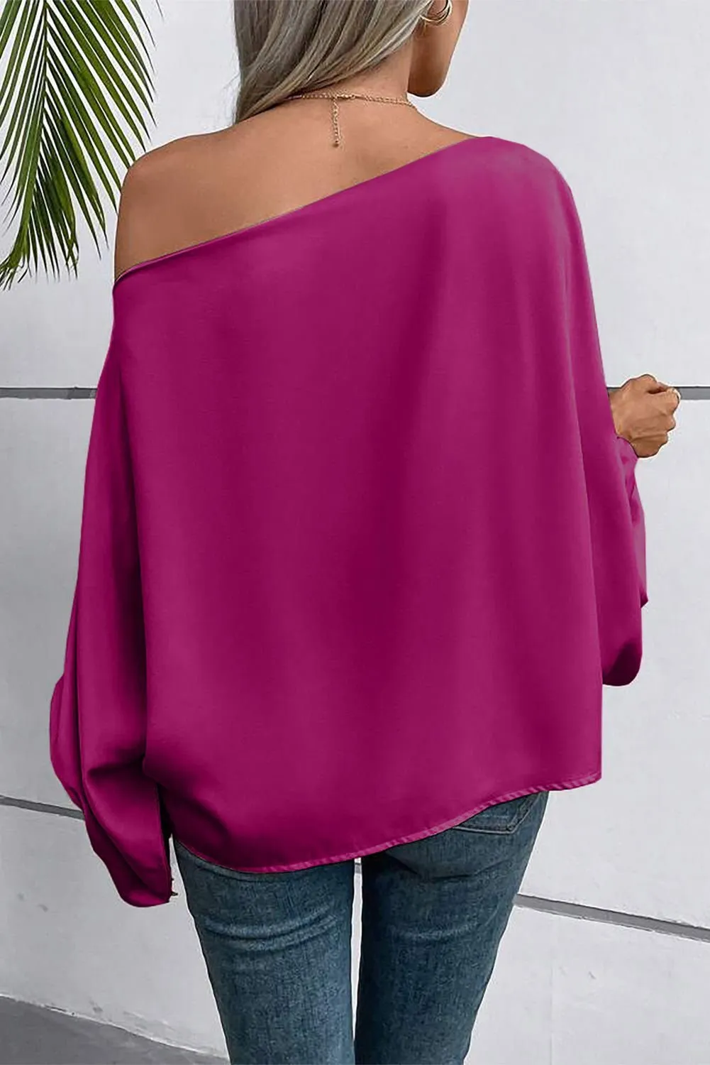 Apricot Solid Color Asymmetrical Neck Lantern Sleeve Blouse