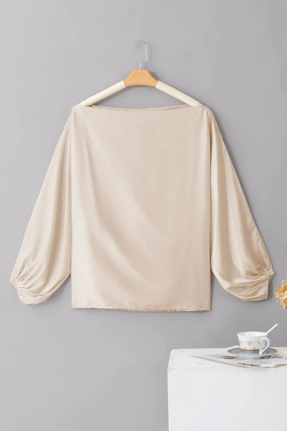 Apricot Solid Color Asymmetrical Neck Lantern Sleeve Blouse