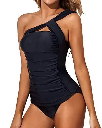 Asymmetrical Cut & Tummy Control Two Piece Tankini Bathing Suits For Women-Black