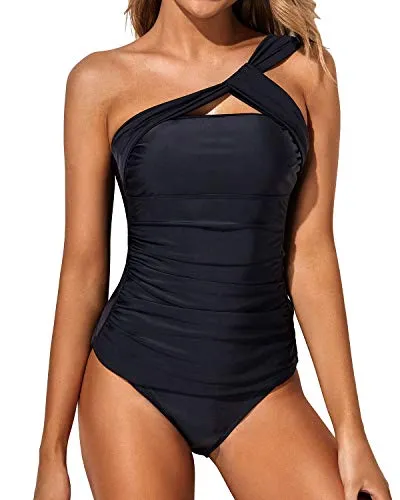 Asymmetrical Cut & Tummy Control Two Piece Tankini Bathing Suits For Women-Black