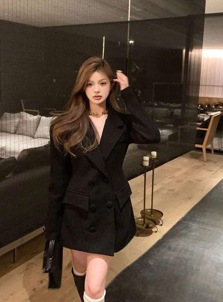 Autumn Winter Brown Black Woolen Waisted Blazer Coat