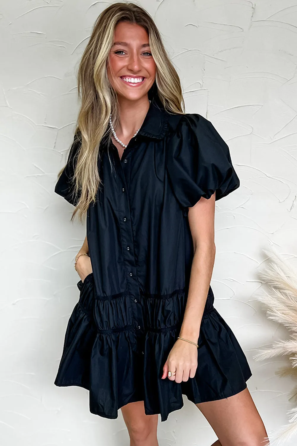 Black Button Down Puff Sleeve Ruched Ruffle Hem Dress