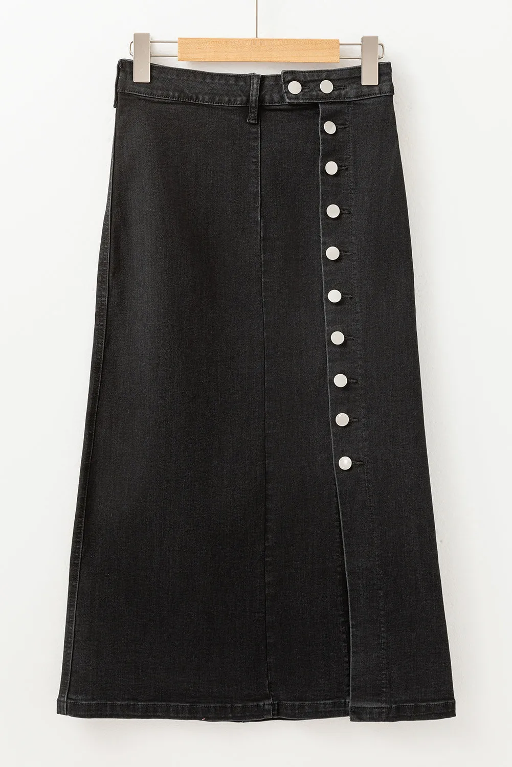 Black Button Fly Side Split High Waist Denim Midi Skirt