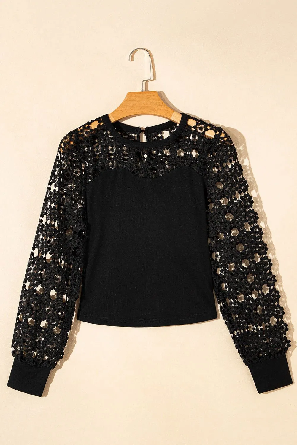 Black Casual Hollowed Lace Sleeve Splicing Blouse