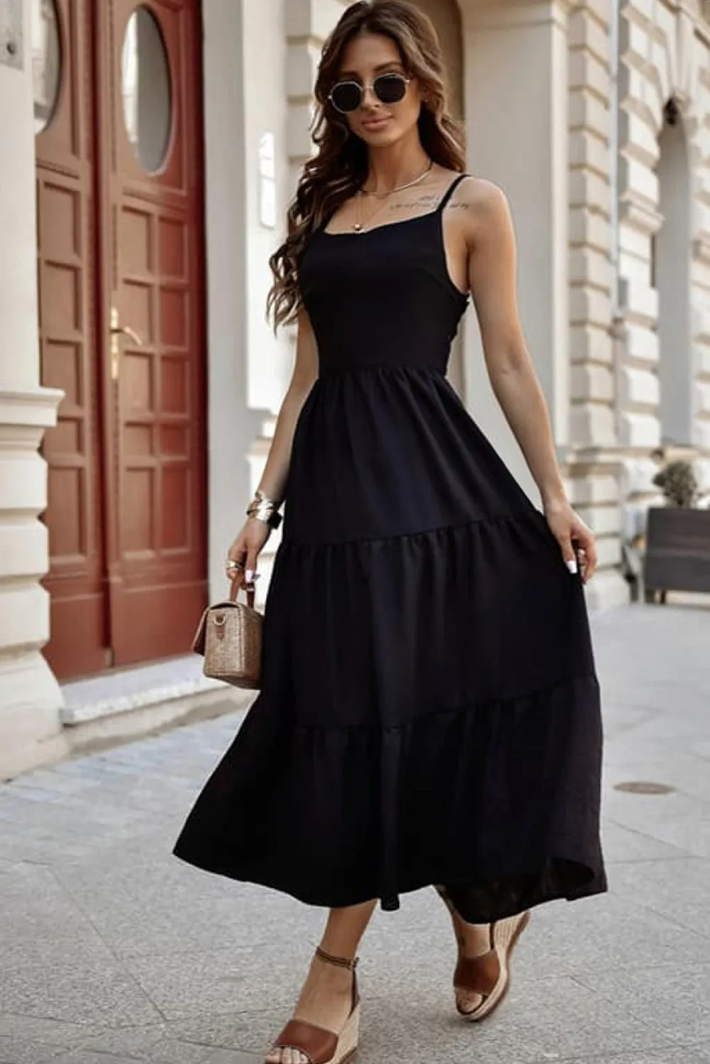 Black Crossover Backless Bodice Tiered Maxi Dress