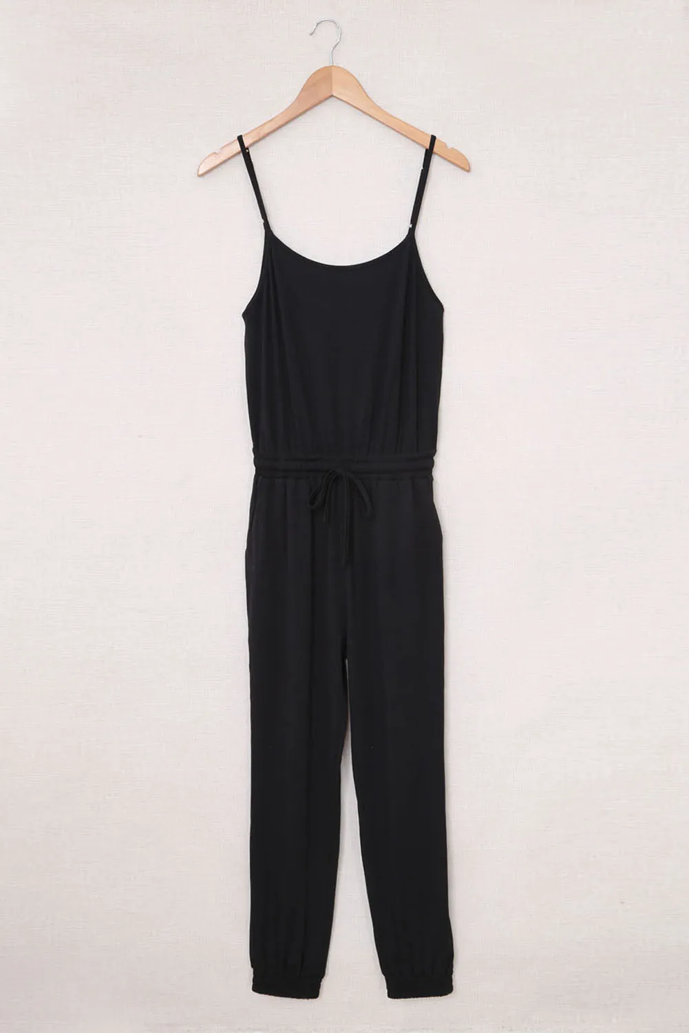 Black Drawstring Waist Spaghetti Straps Jumpsuit