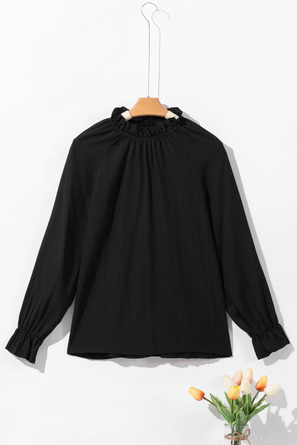 Black Frilled Mock Neck Ripple Bubble Sleeve Blouse