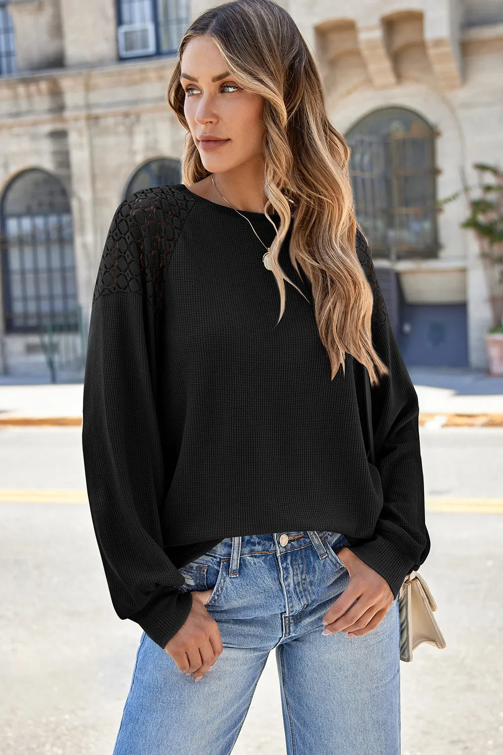 Black Lace Long Sleeve Textured Pullover