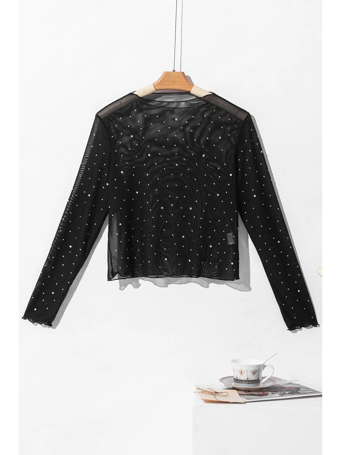 Black Rhinestone Mesh Mock Neck Top