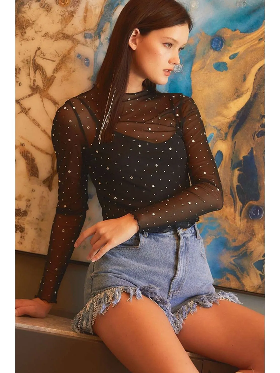 Black Rhinestone Mesh Mock Neck Top