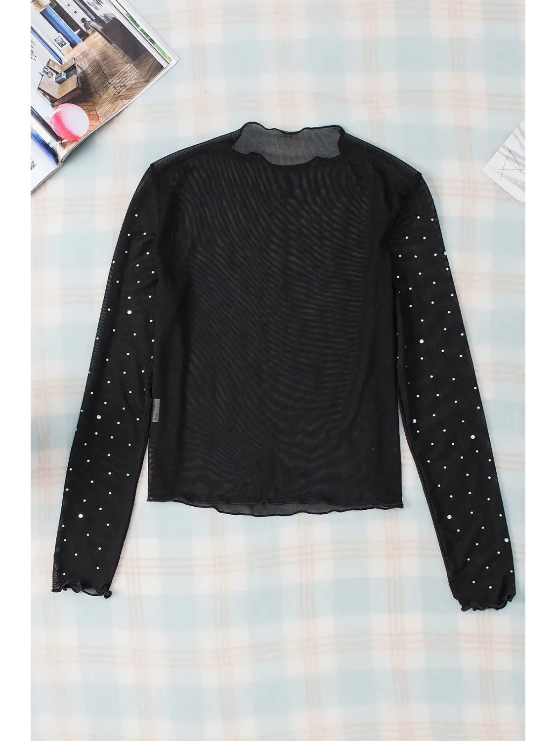 Black Rhinestone Mesh Mock Neck Top