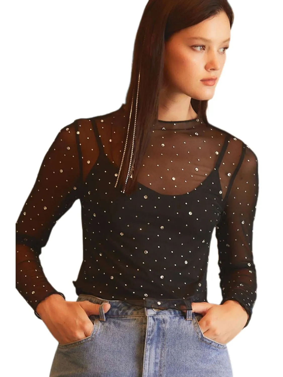 Black Rhinestone Mesh Mock Neck Top