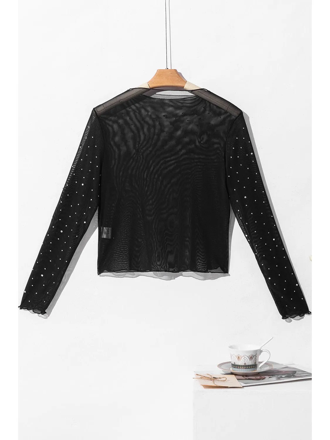 Black Rhinestone Mesh Mock Neck Top