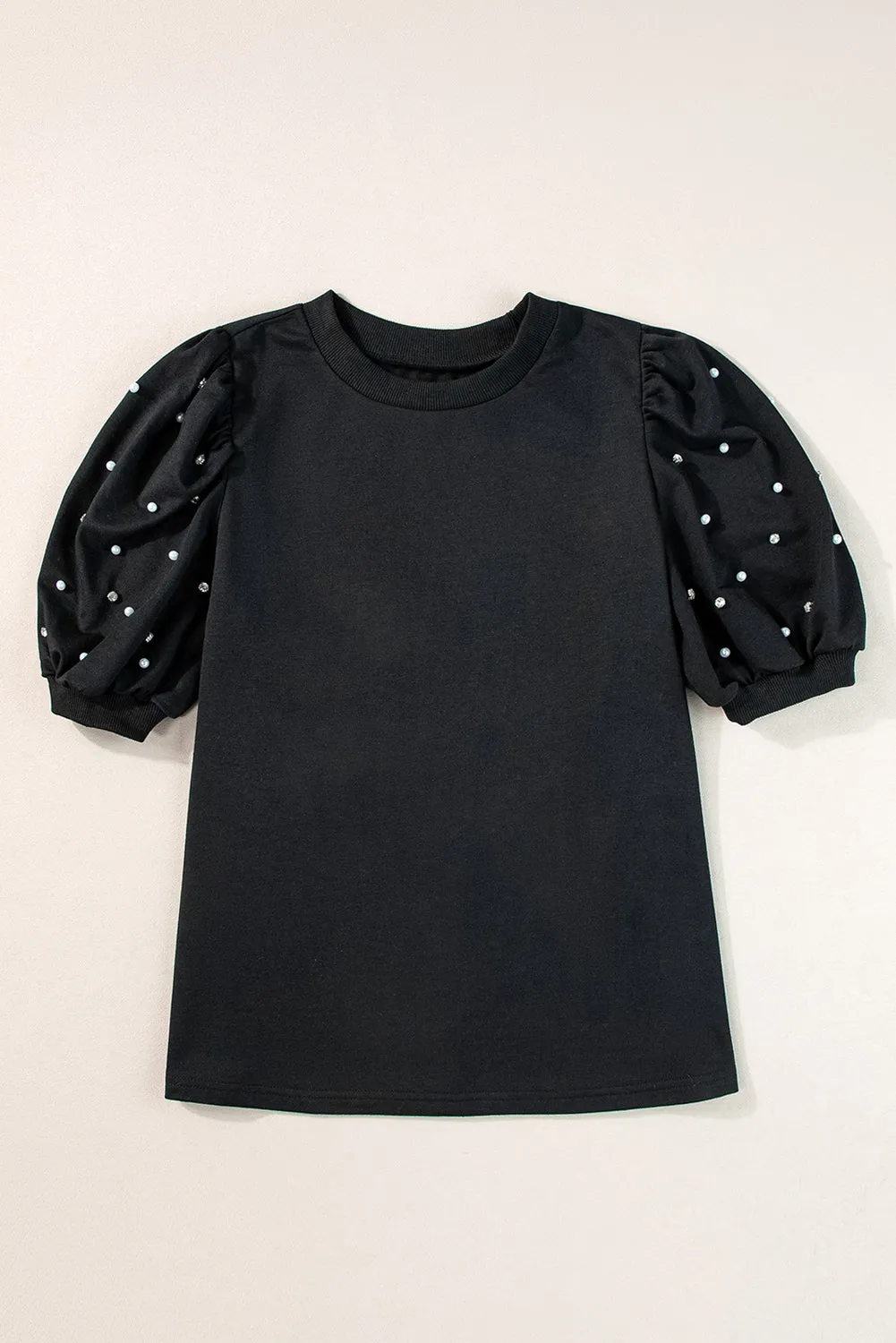 Black Rhinestone Pearl Puff Half Sleeve Top