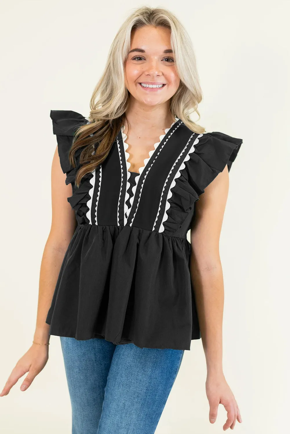 Black Ricrac V Neck Ruffle Sleeveless Blouse