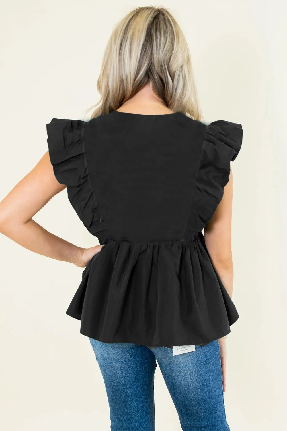 Black Ricrac V Neck Ruffle Sleeveless Blouse