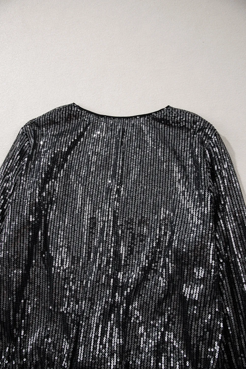 Black Sequin Mesh Long Sleeve Surplice Neck Bodysuit