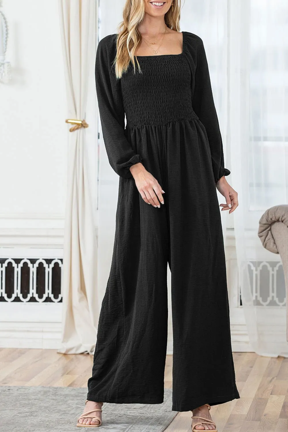 Black Smocked Square Neck Long Sleeve Wide Leg Jumpsuit