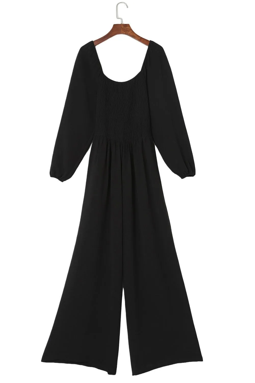 Black Smocked Square Neck Long Sleeve Wide Leg Jumpsuit