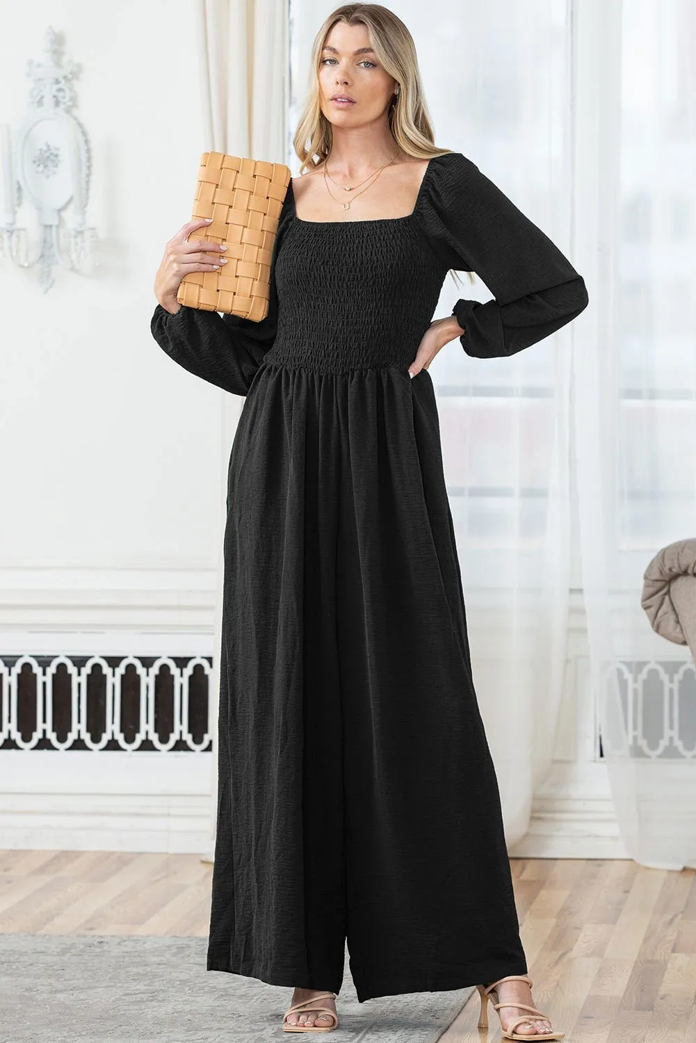 Black Smocked Square Neck Long Sleeve Wide Leg Jumpsuit