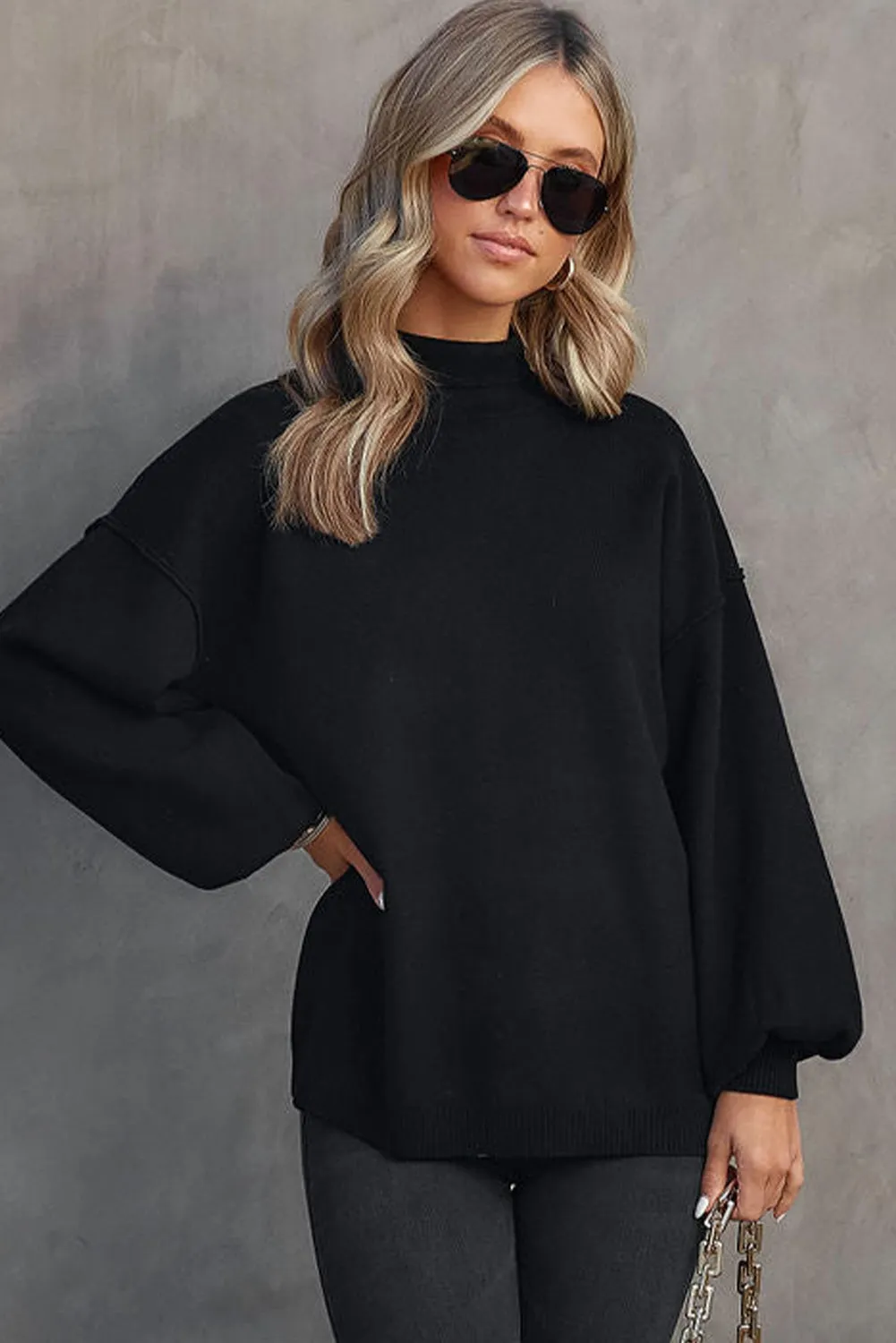 Black Turtleneck Drop Shoulder Bubble Sleeve Knit Sweater