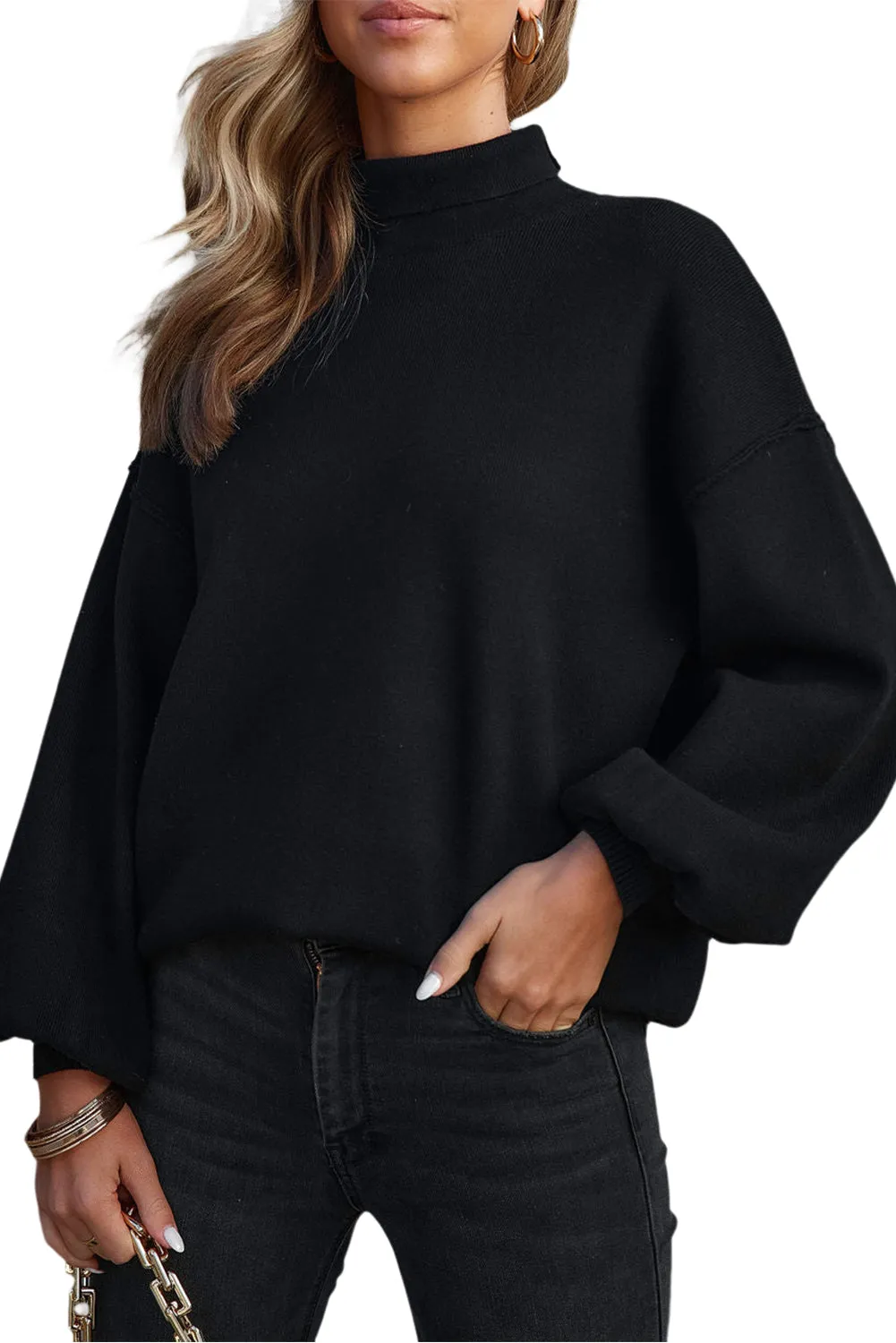 Black Turtleneck Drop Shoulder Bubble Sleeve Knit Sweater