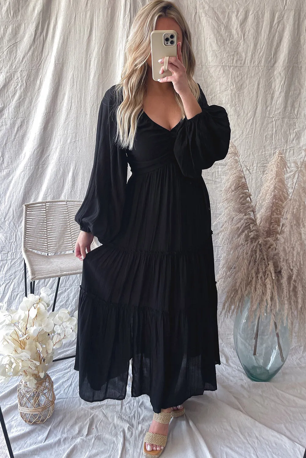 Black V Neck Bowknot Cutout Frill Tiered Maxi Dress