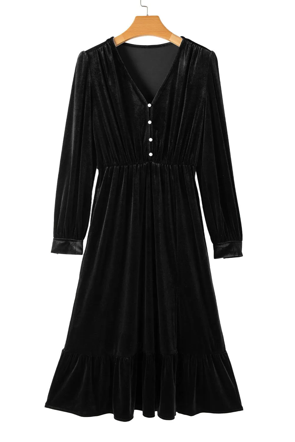 Black Velvet Buttoned Puff Sleeve V Neck Split Midi Dress