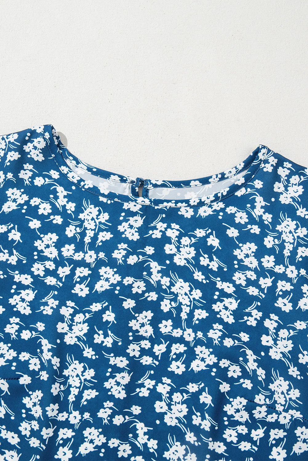 Blue Ditsy Floral Print Lantern Sleeve Blouse