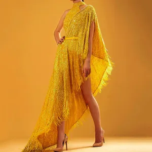 Bohemian Chic Wedding Guest Dress Sexy Turtleneck Long Tassel Ball Gown