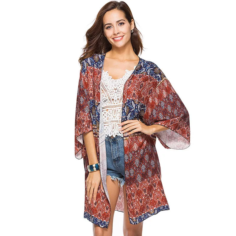 Boho Style Printed Long Kimono Chiffon Blouse