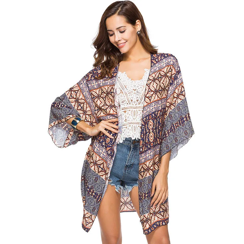 Boho Style Printed Long Kimono Chiffon Blouse